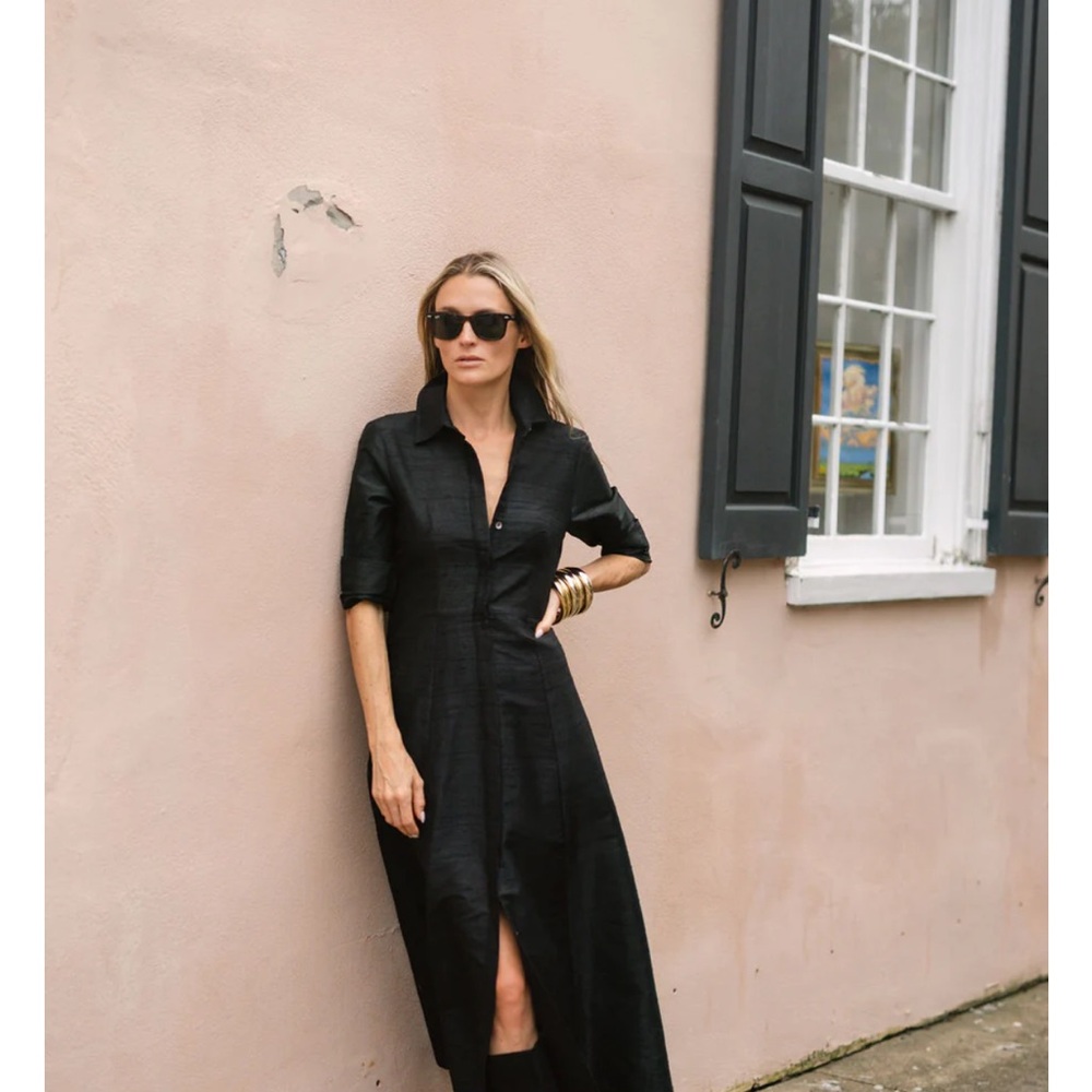Sophisticated Black Julia Amort Dupioni Shirt Midi Dress